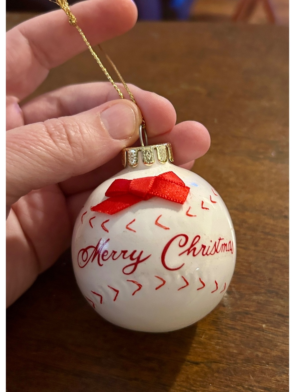White Merry Christmas Ball Ornament with Red Bow Decoration